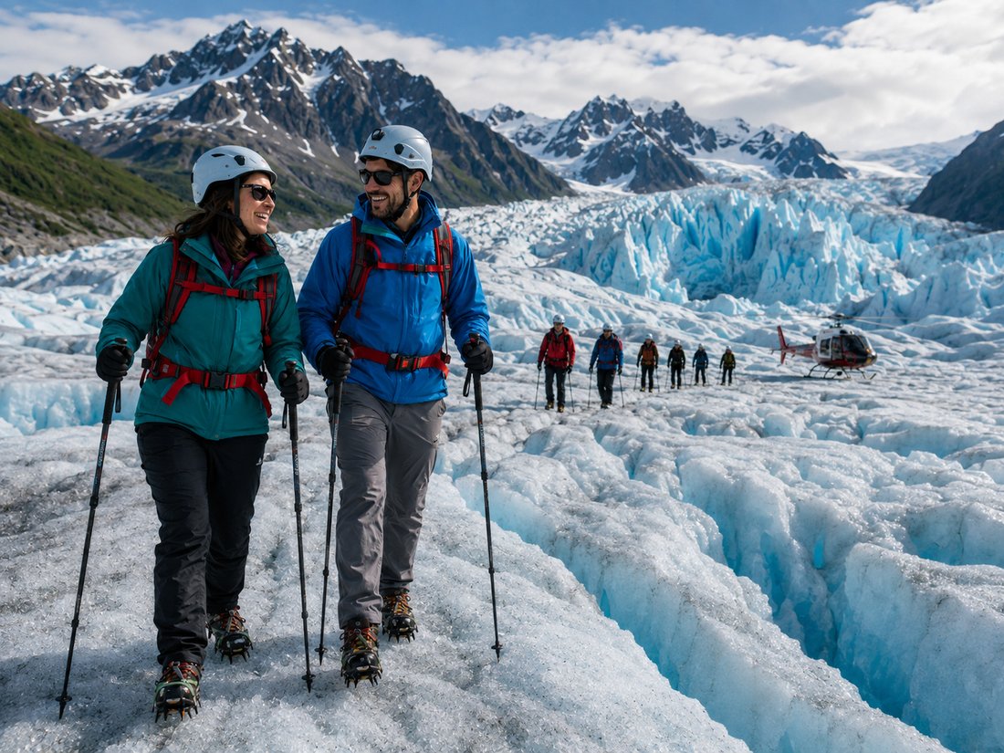 A couple in crampons and helmets glacier trekking, with a group and helicopter on the ice behind them