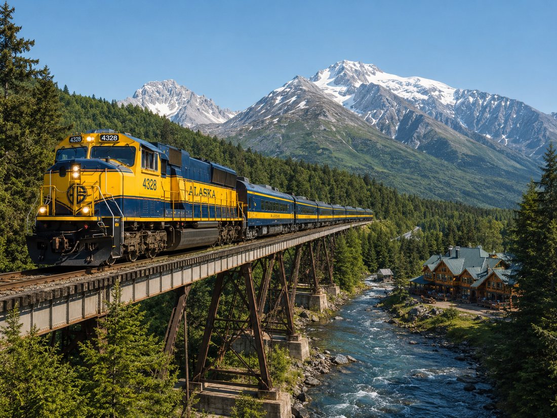 Alaska luxury rail journey crossing a trestle by a riverside lodge
