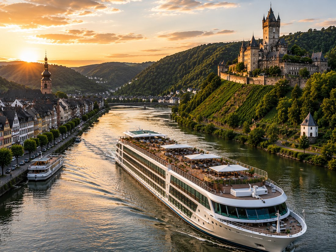 European river cruise ship passing a castle village at sunset