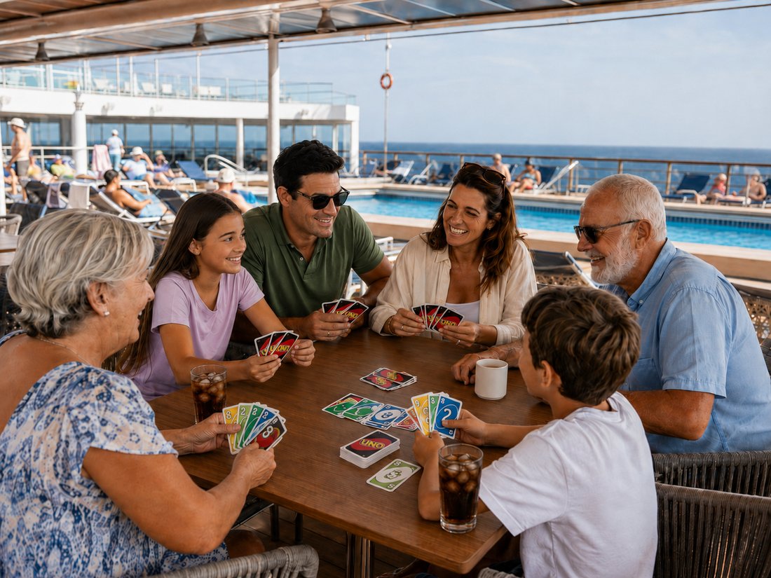Three generations of a family playing cards together on a cruise ship deck