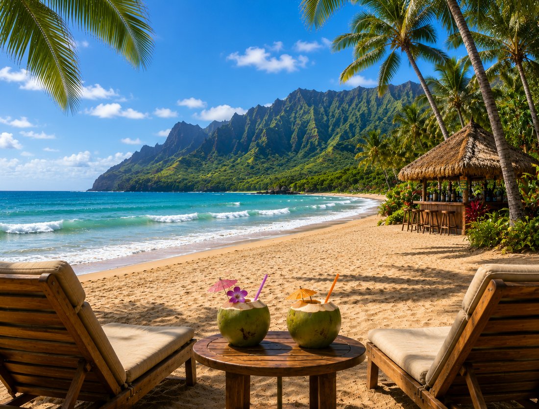 Hawaiian beach with palms, tiki bar, and lush green mountains